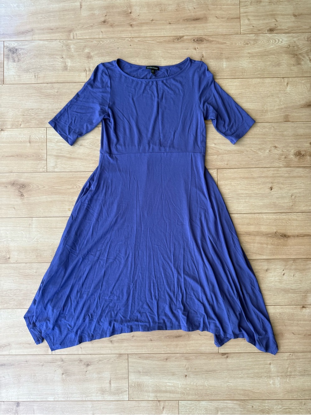 Eileen Fisher Purple Viscose Stretch Fit Flare A Line Midi Dress XS 3/4 Sleeve